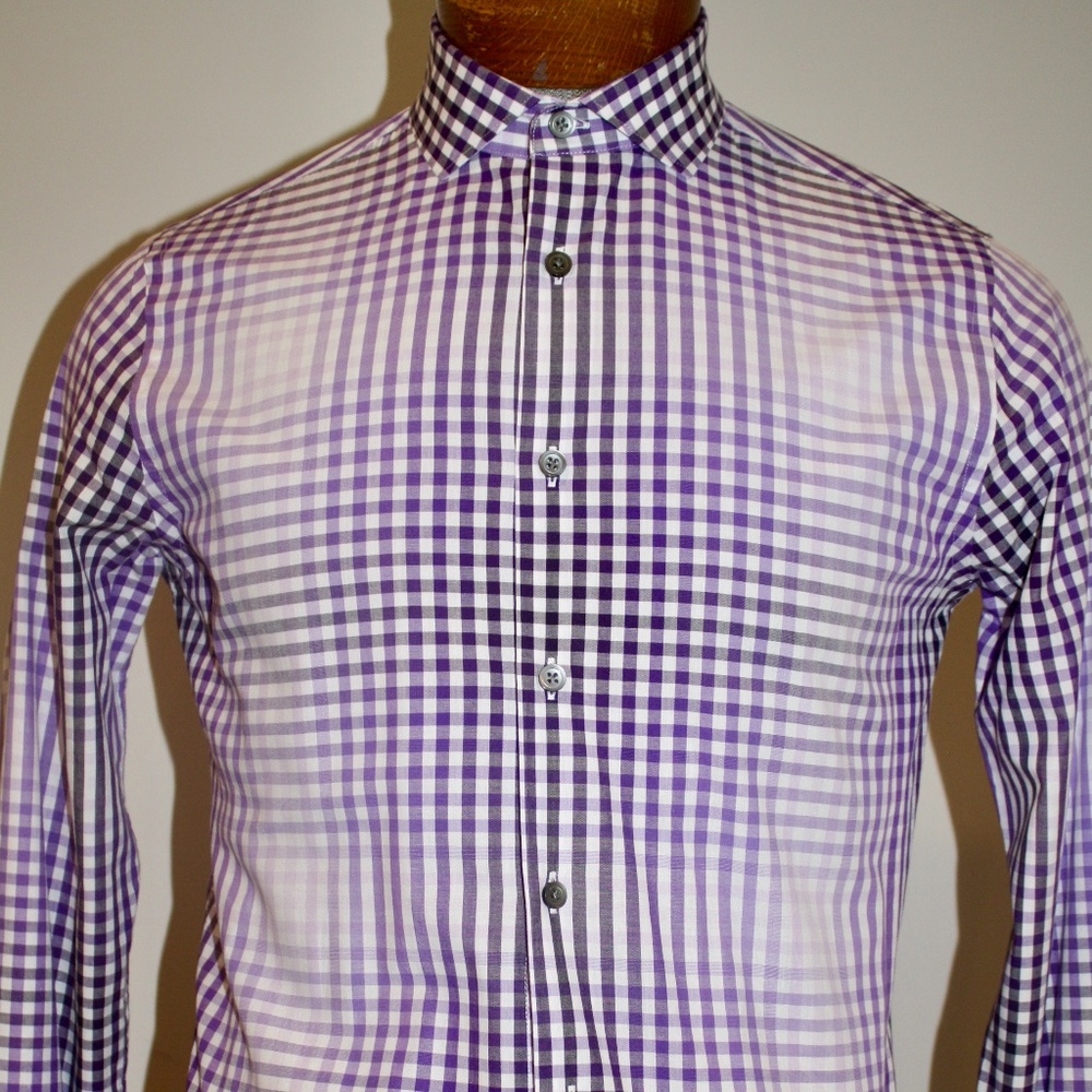 EXPRESS FITTED PURPLE/WHITE CHECK PRINT DRESS SHIRT 14.14.5 32/33 SMALL